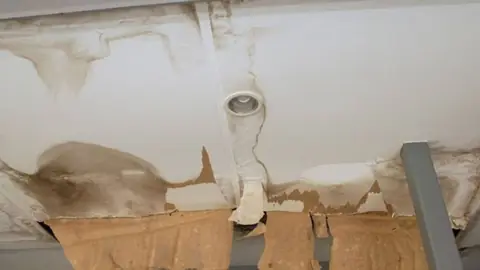Water-stained and peeling ceiling around a light fixture