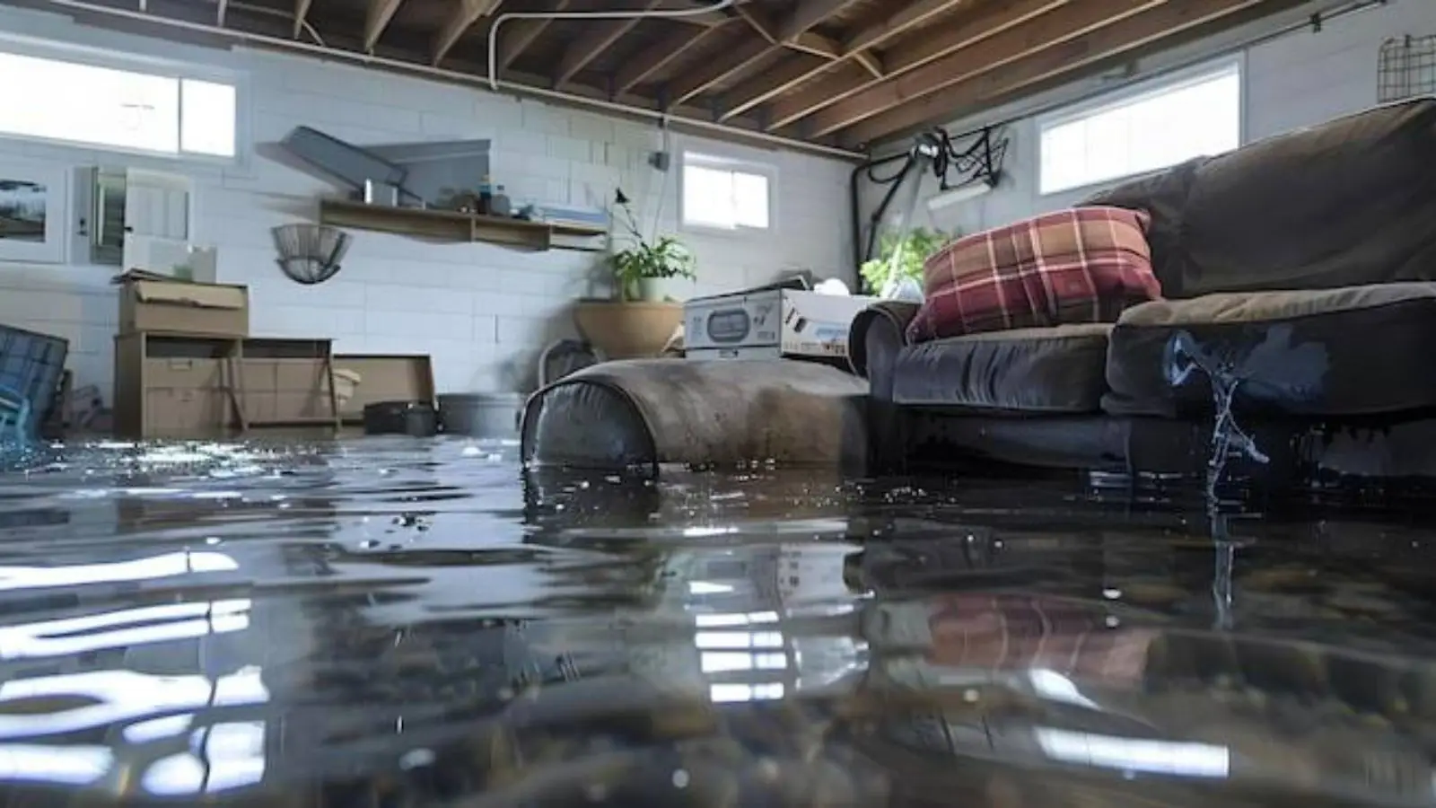 Flooded basement room with a sofa and shelves standing in several inches of water