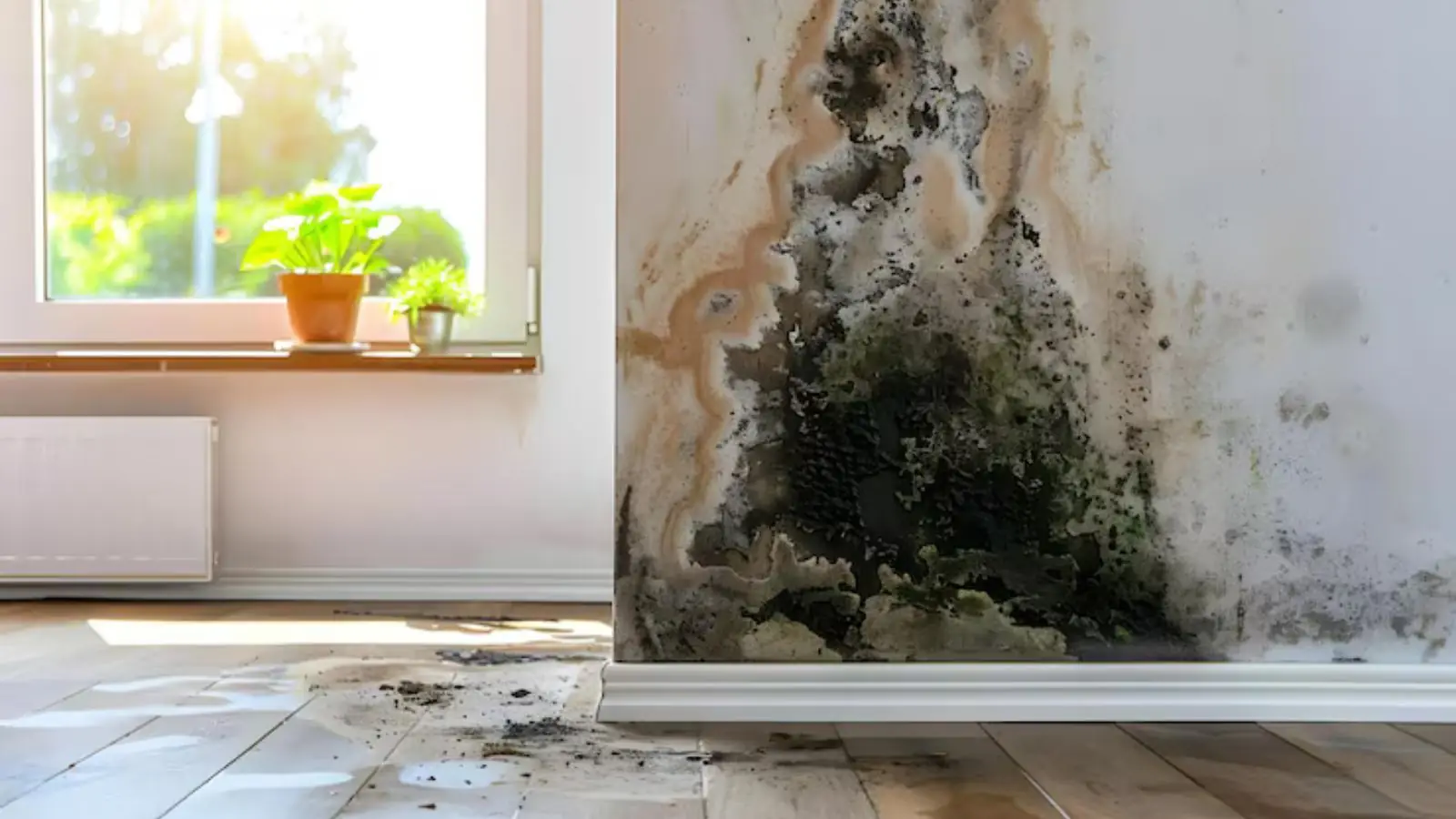 Mold growing up a wall from the baseboard beside a window, with dark spots on the floor