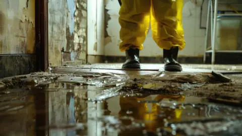 Person in yellow protective overalls and boots standing in a muddy flooded basement doorway