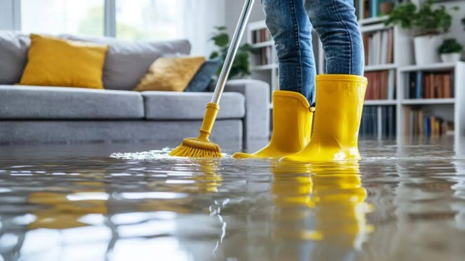 Yellow rubber boots and a mop in standing water on a living room floor